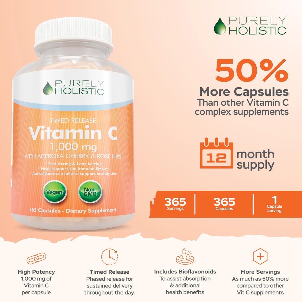 Purely Holistic Vitamin C 1000mg capsules designed for daily immune support.