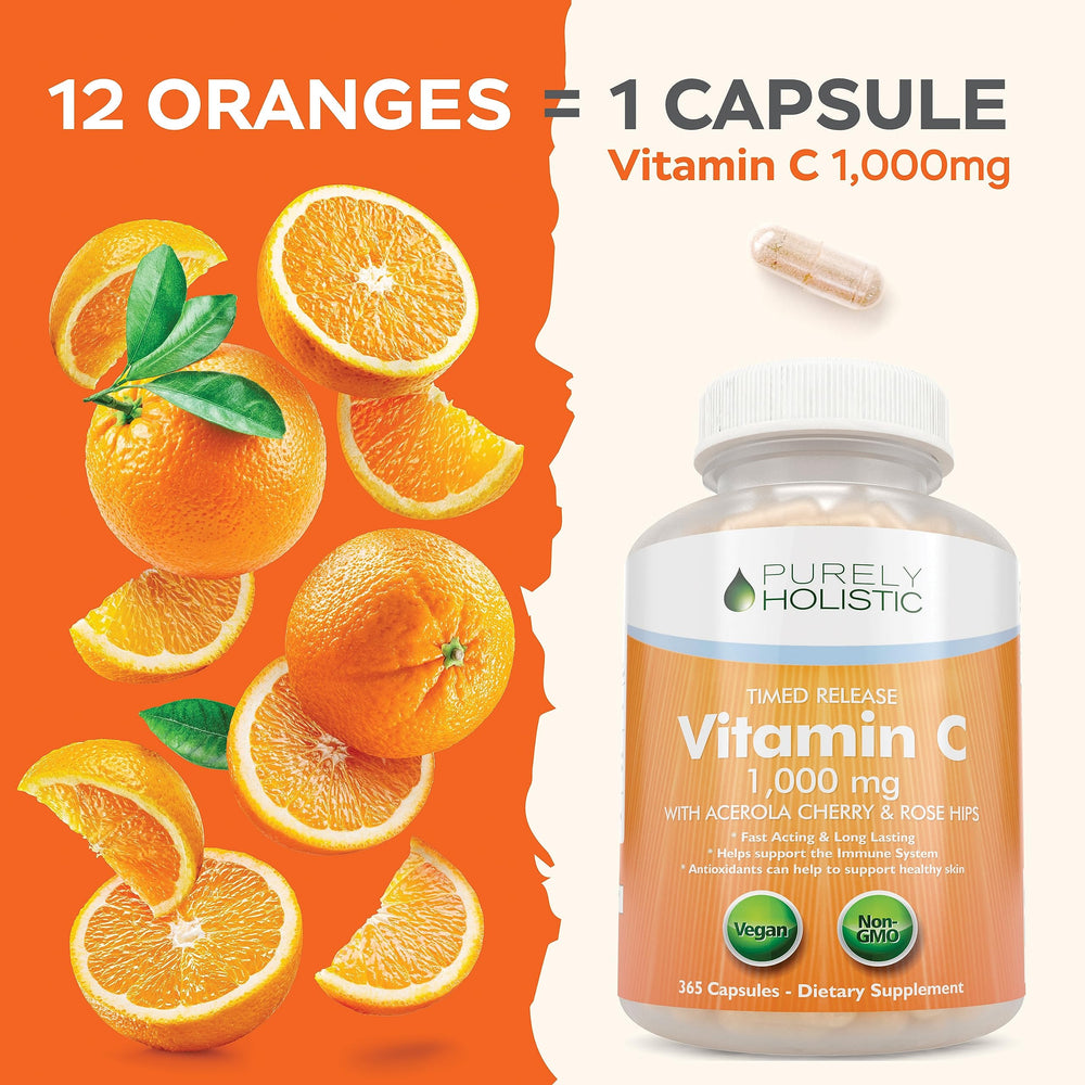 Purely Holistic Vitamin C label and nutrition facts on packaging.
