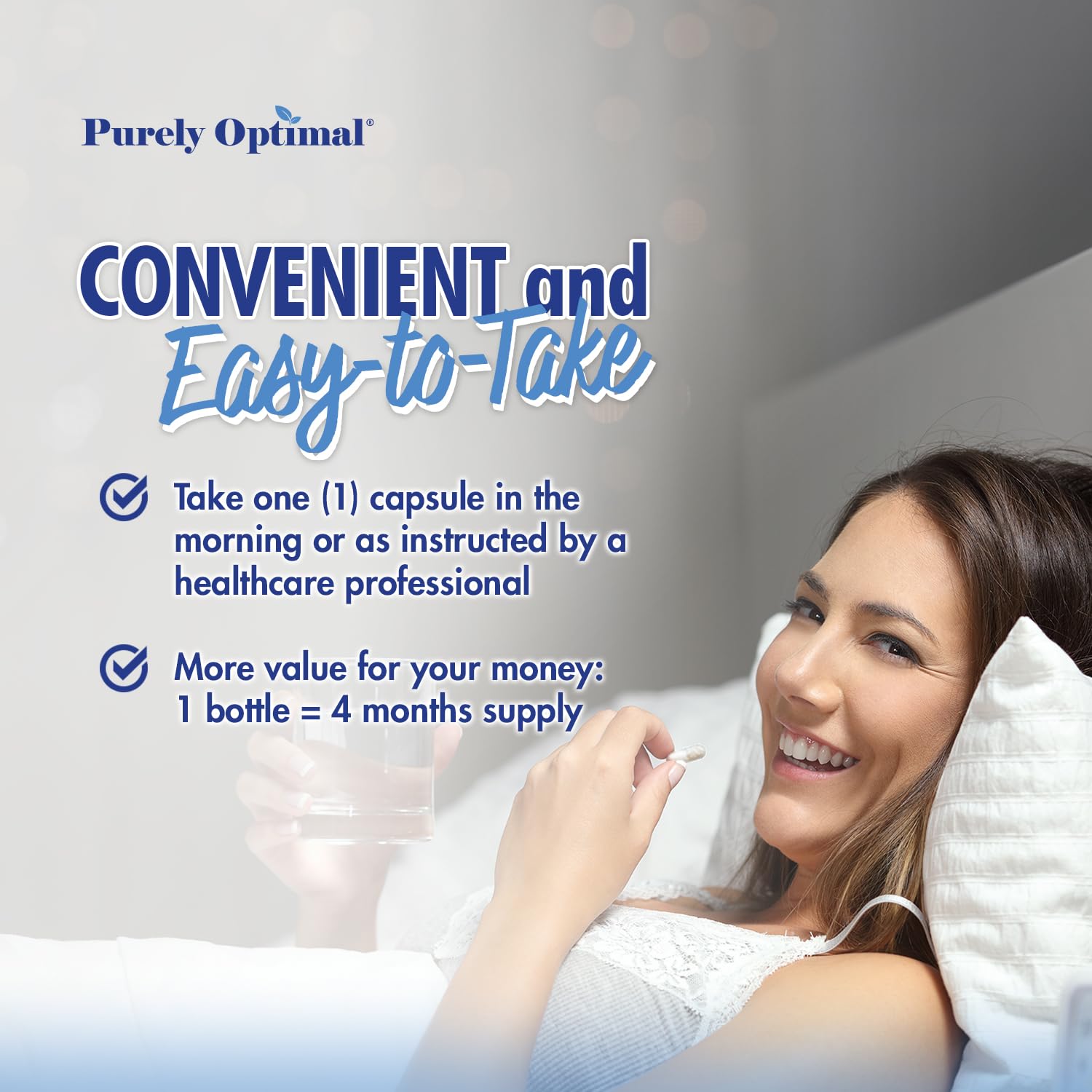 Bottle pouring Purely Optimal capsules for easy daily intake.
