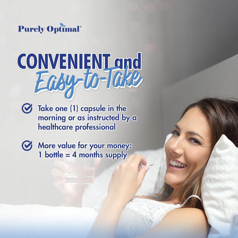 Bottle pouring Purely Optimal capsules for easy daily intake.