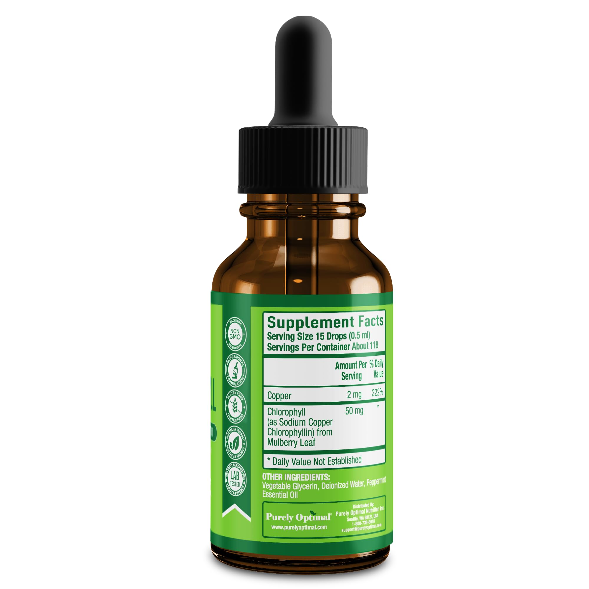 Close-up of Purely Optimal label, emphasizing natural ingredients.