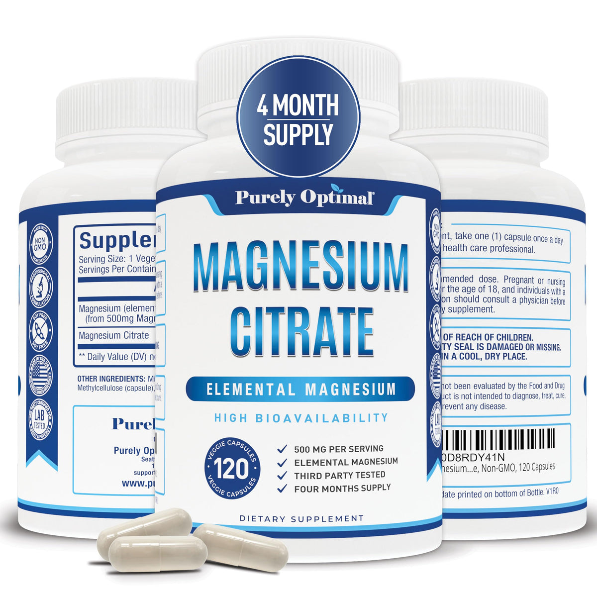 Purely Optimal Magnesium Citrate 500mg bottle with easy-to-swallow capsules for digestive support.