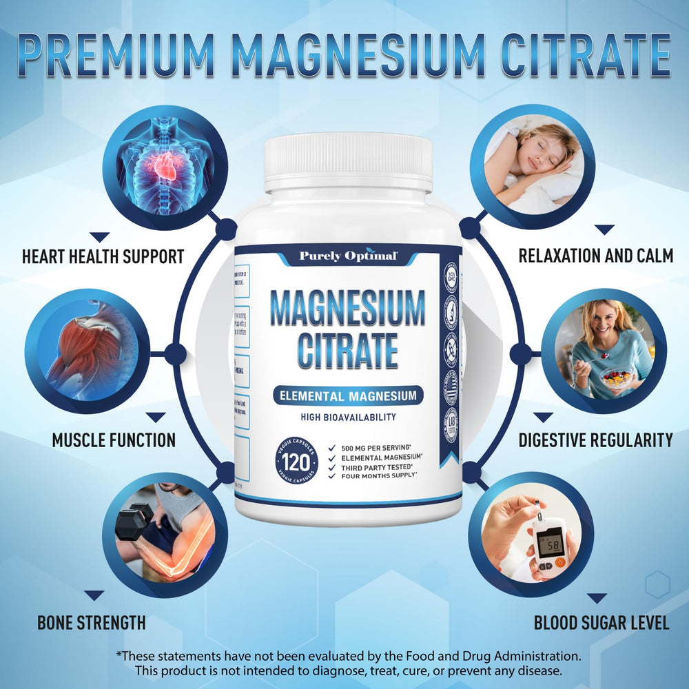 Purely Optimal Magnesium Citrate bottle on shelf signaling reliability and quality.