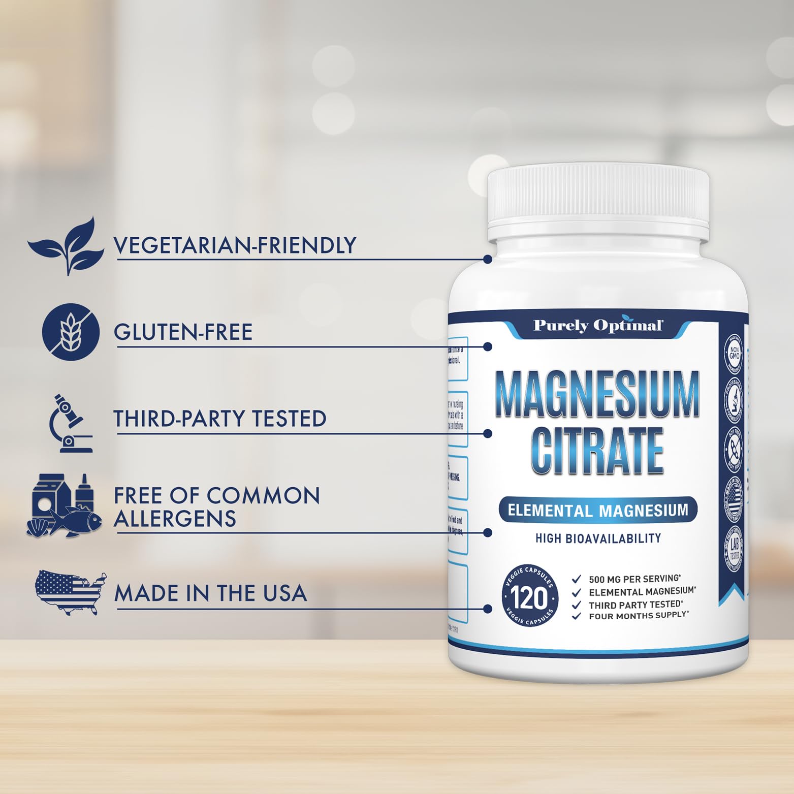 Purely Optimal Magnesium Citrate box and capsules emphasizing complete daily digestive wellness.