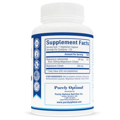 Purely Optimal Magnesium Citrate capsules closeup highlighting soft texture for daily wellness.