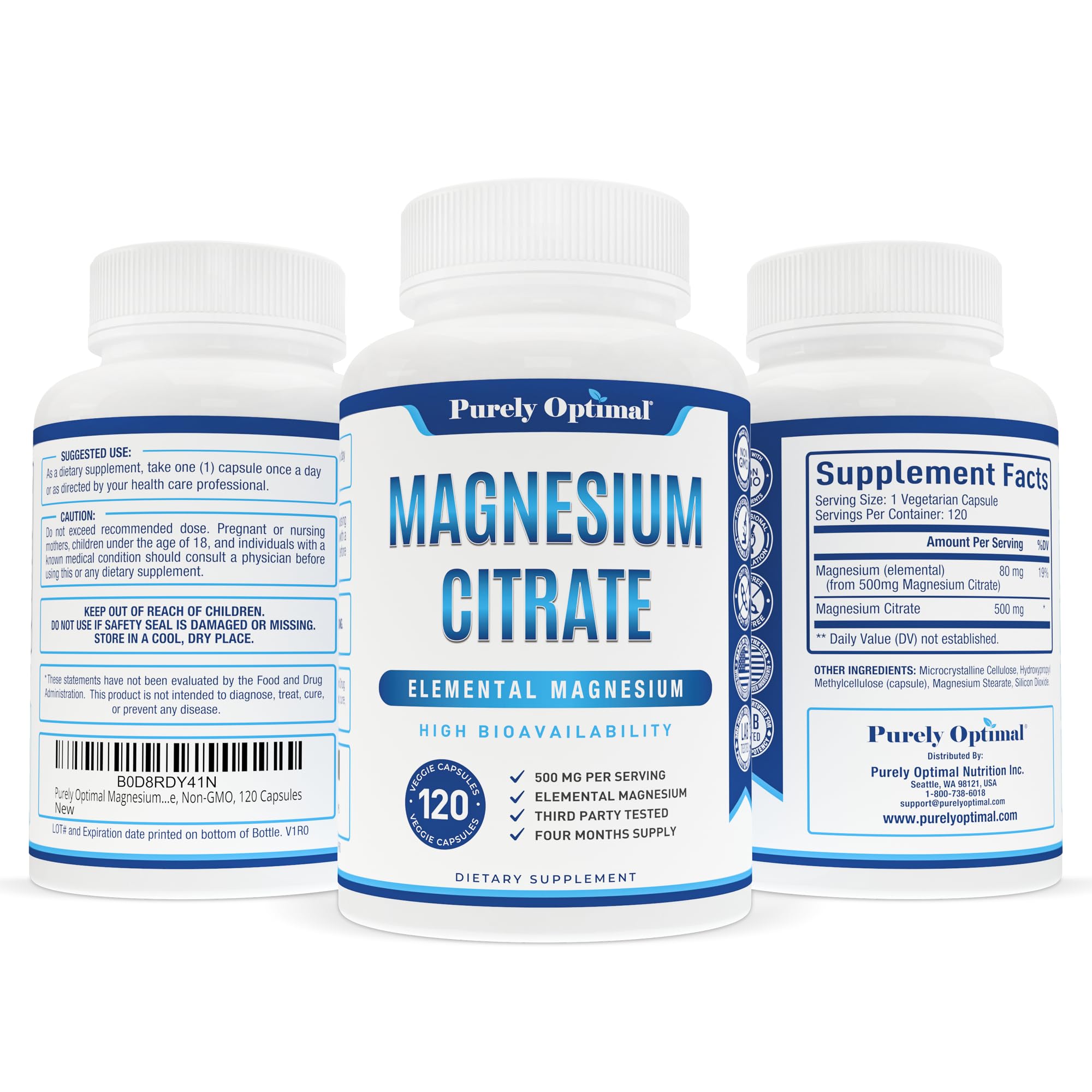 Purely Optimal Magnesium Citrate easy-to-swallow capsules showcased in packaging for daily use.