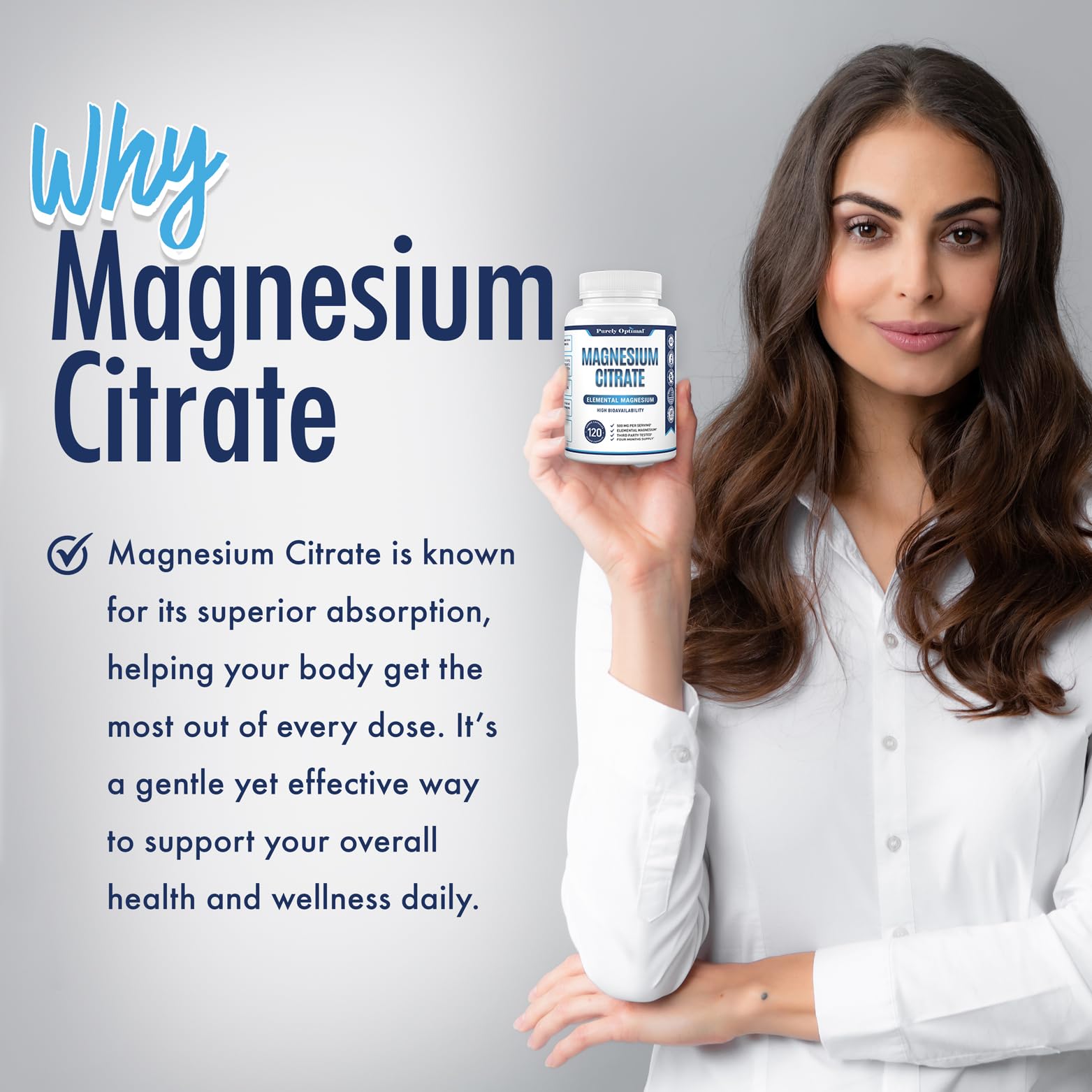 Purely Optimal Magnesium Citrate USA-made bottle underlining quality manufacturing standards.