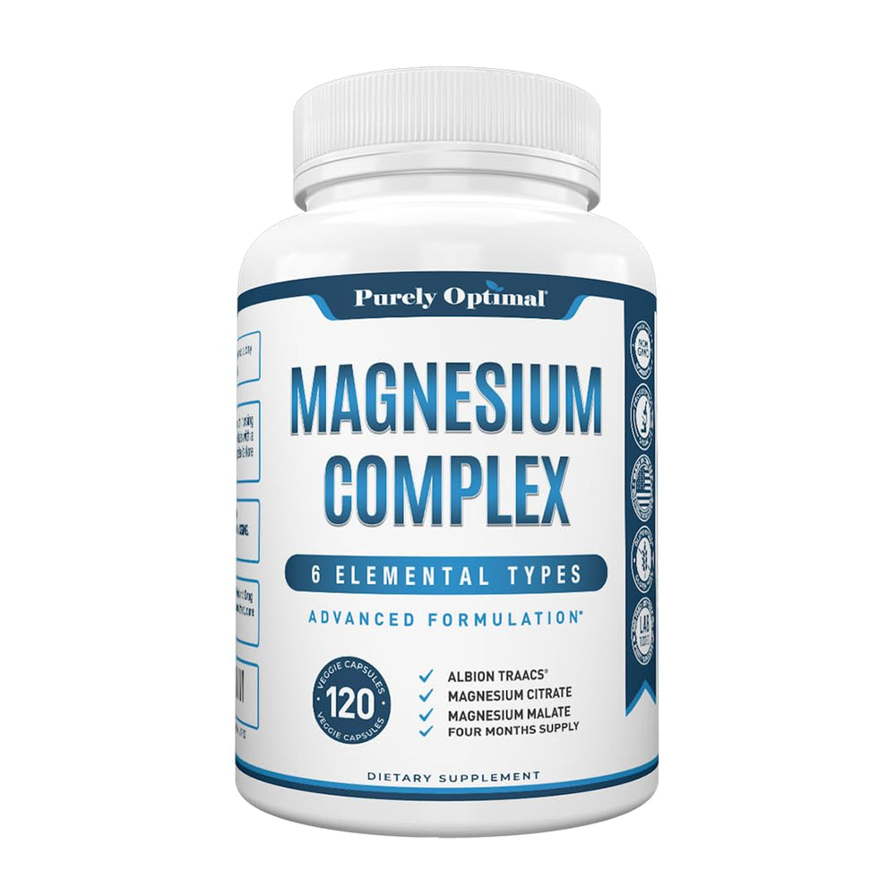 Purely Optimal magnesium complex glass beside bottle conveys calm nightly ritual