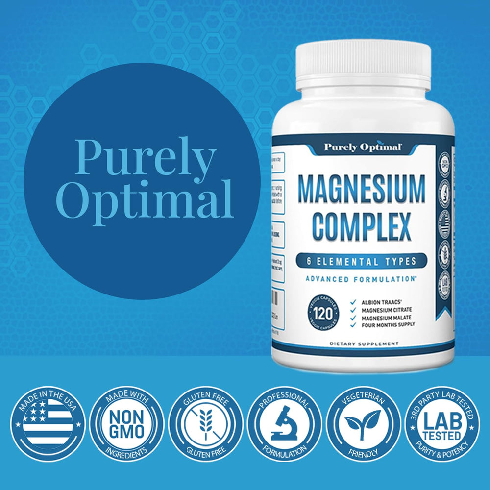 Purely Optimal magnesium complex tablet-count label for daily wellness routine