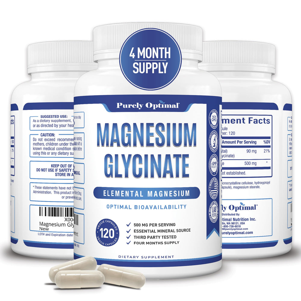 Purely Optimal Magnesium Glycinate bottle emphasizing high absorption.
