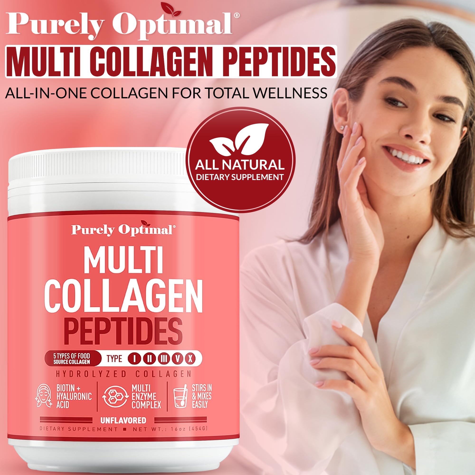 Purely Optimal Multi Collagen Powder supports radiant hair and hydrated skin daily