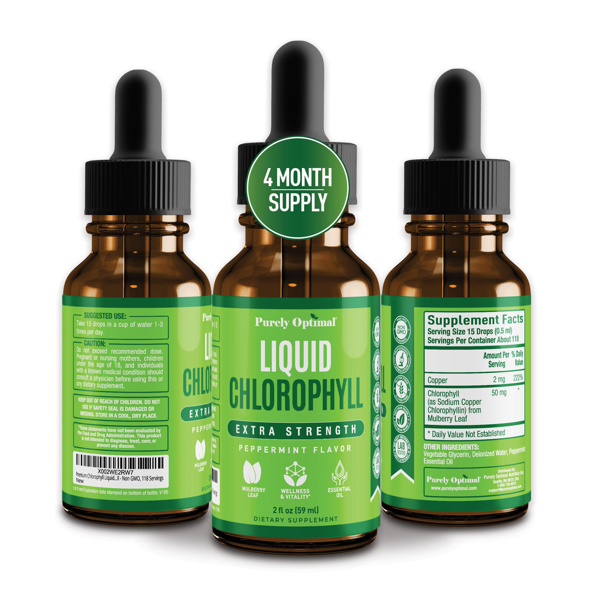 Purely Optimal Premium Chlorophyll Drops bottle, ideal for daily wellness rituals.