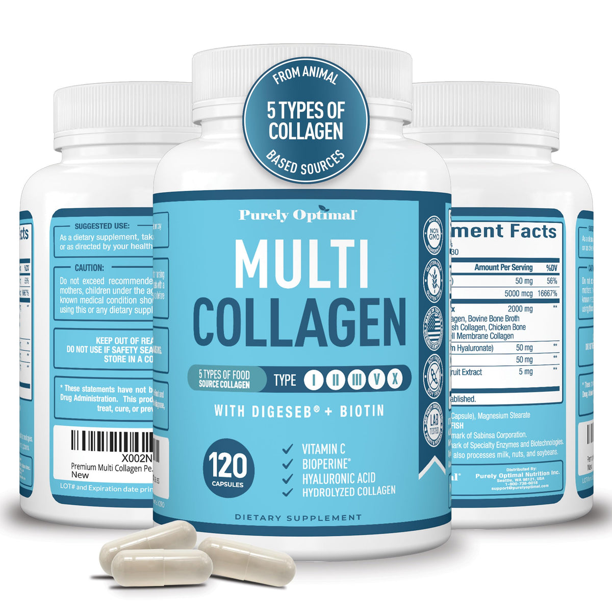 Purely Optimal Premium Multi Collagen pills bottle with 120 capsules for skin and joints.