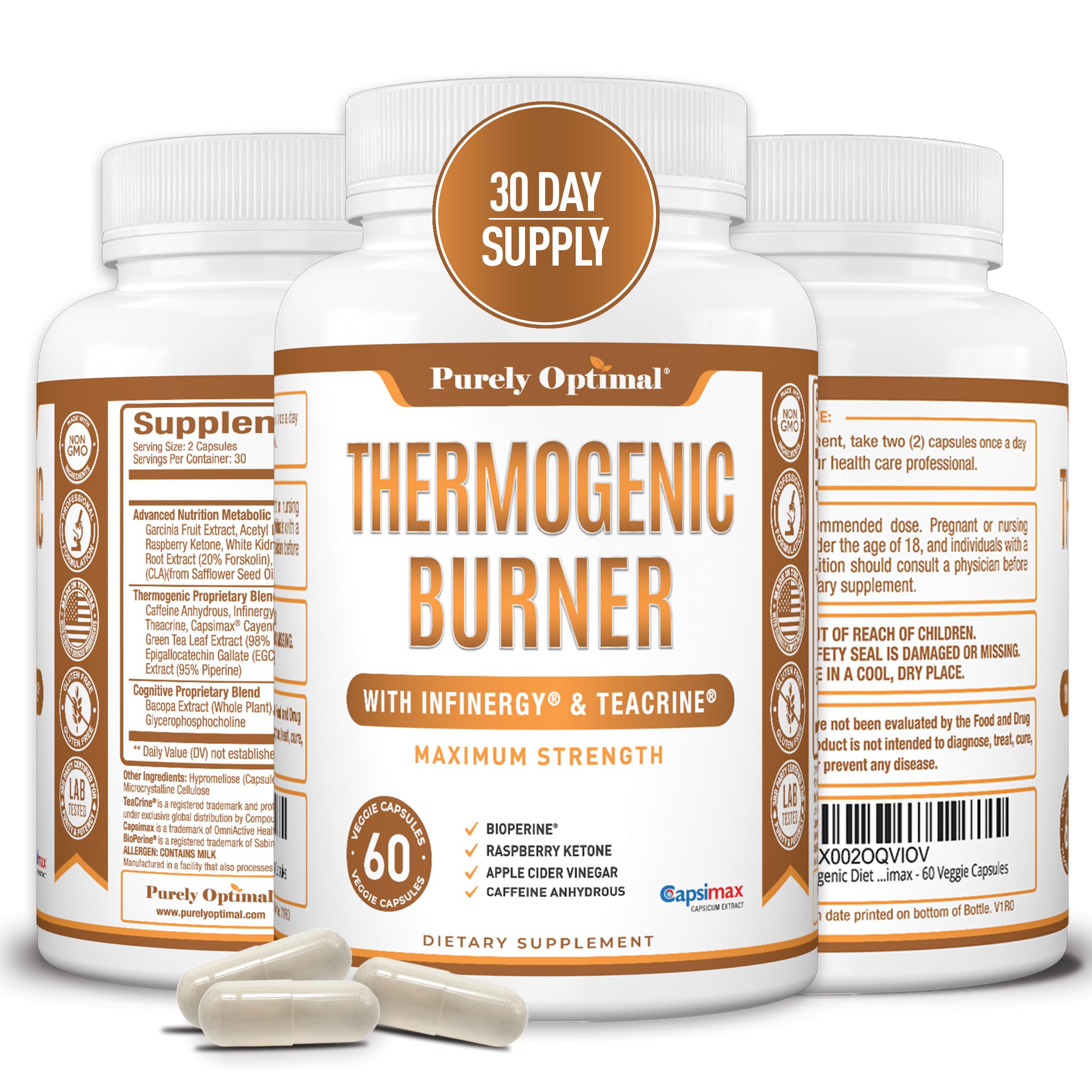 Purely Optimal Thermogenic bottle on a clean background for daily energy support.