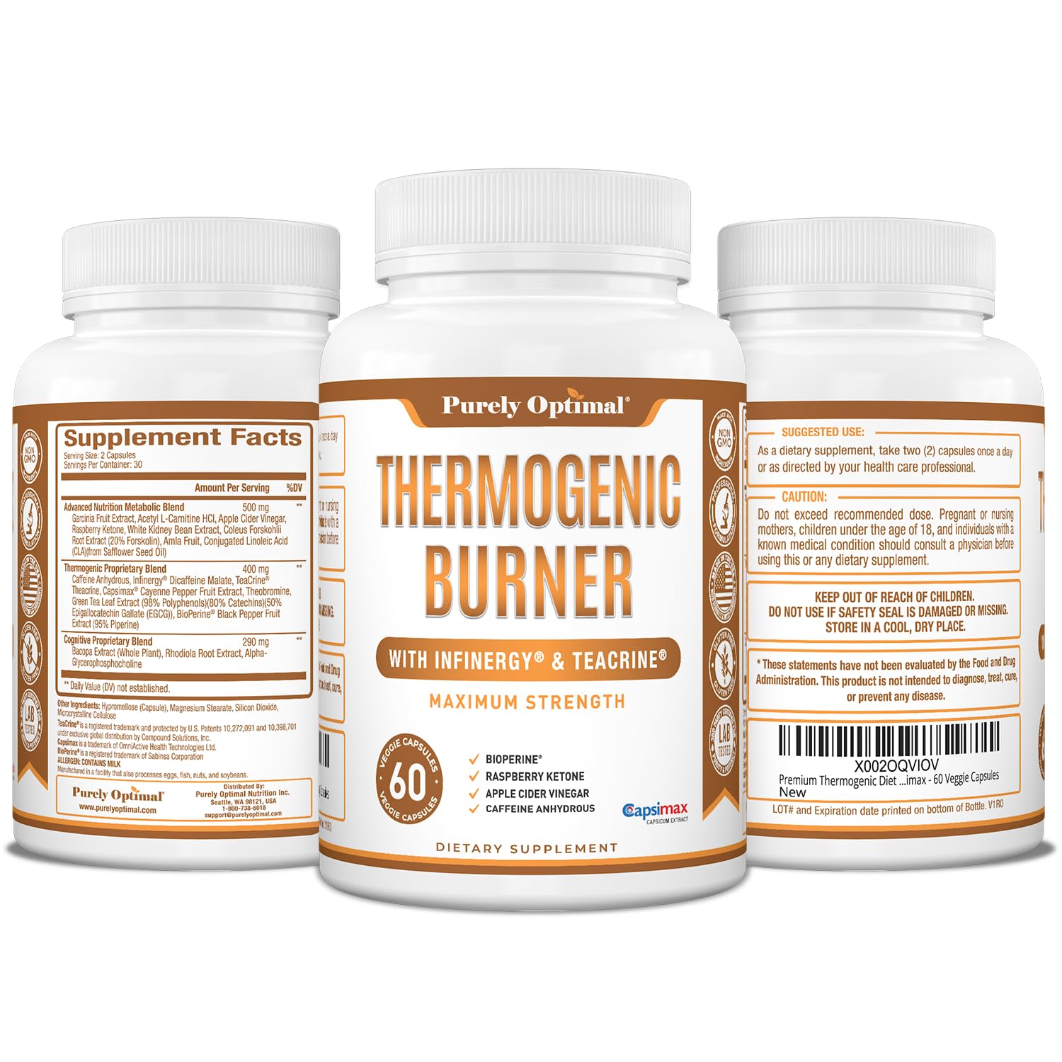Purely Optimal Thermogenic packaging front highlighting vegan-friendly non-GMO claims.
