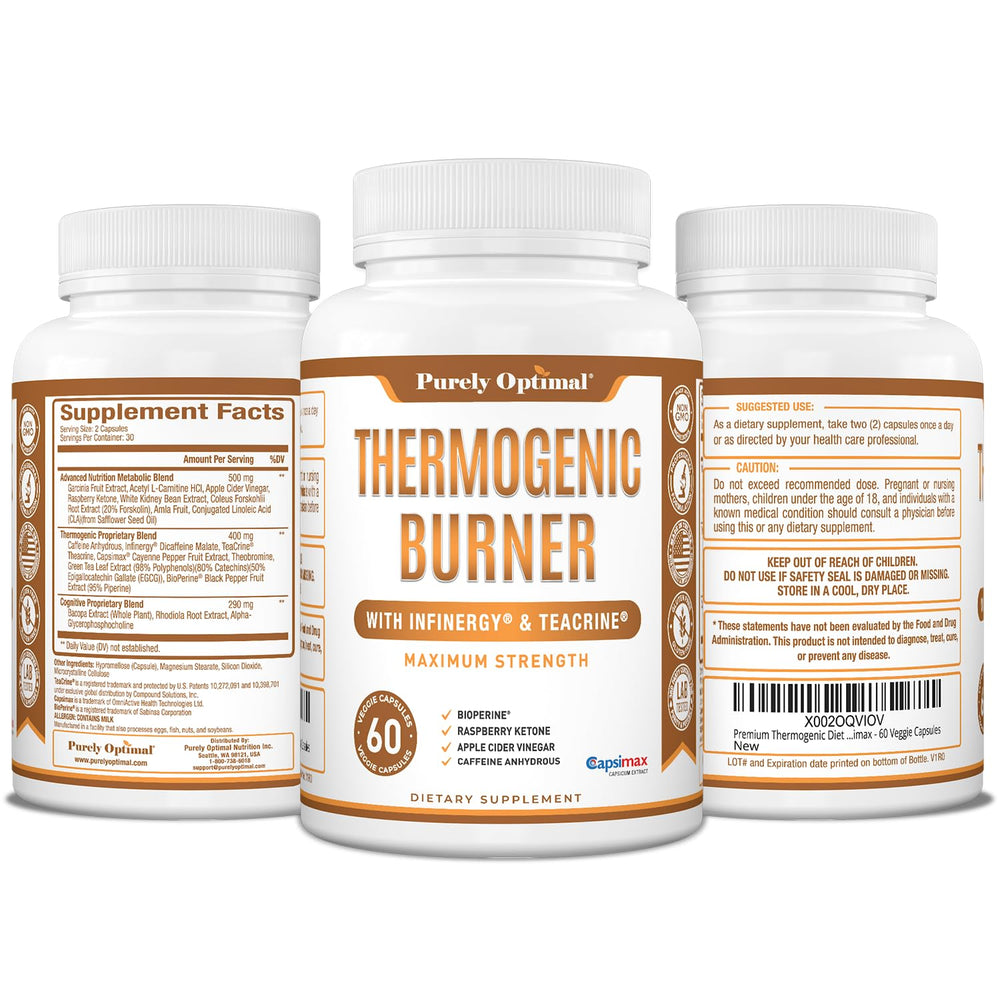 Purely Optimal Thermogenic packaging front highlighting vegan-friendly non-GMO claims.