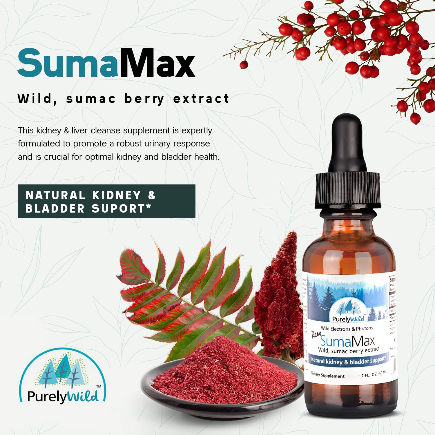 Purely Wild SumaMax raw sumac berries highlight natural ingredients.