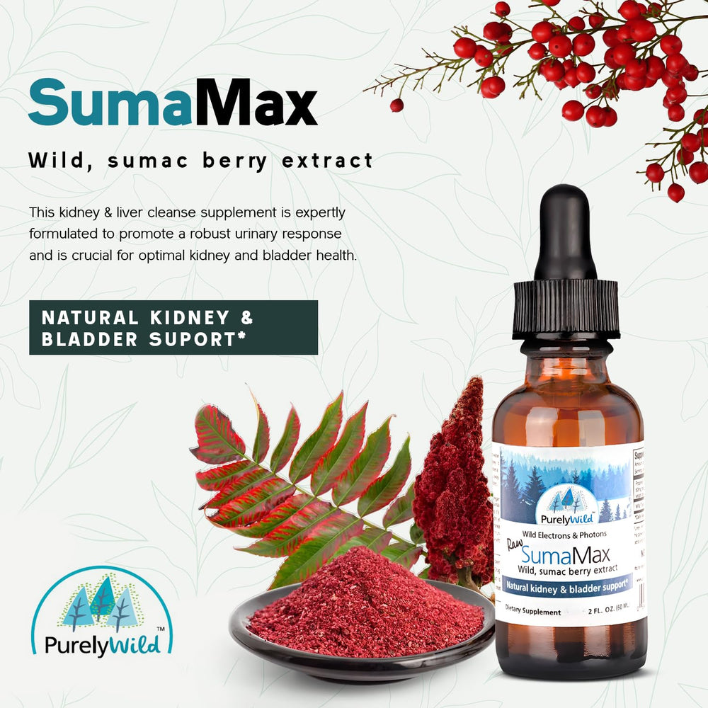 Purely Wild SumaMax raw sumac berries highlight natural ingredients.