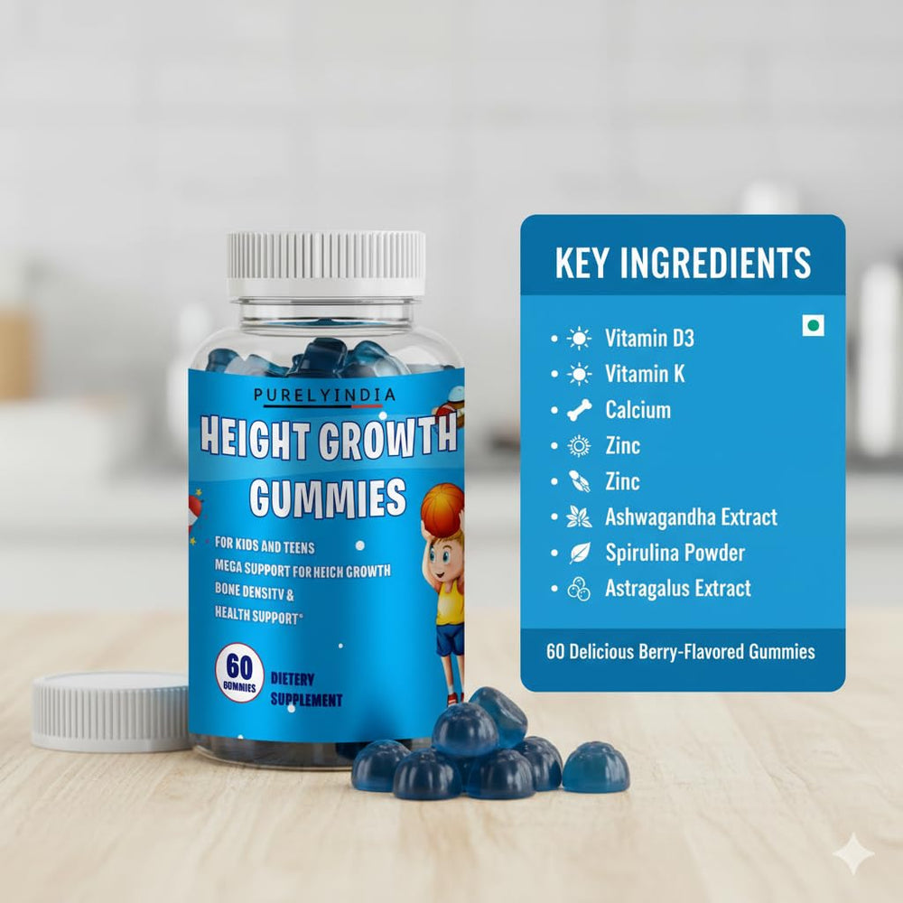 Purelyindia Kids Multivitamin Gummies with ashwagandha token image suggests calm focus benefits.