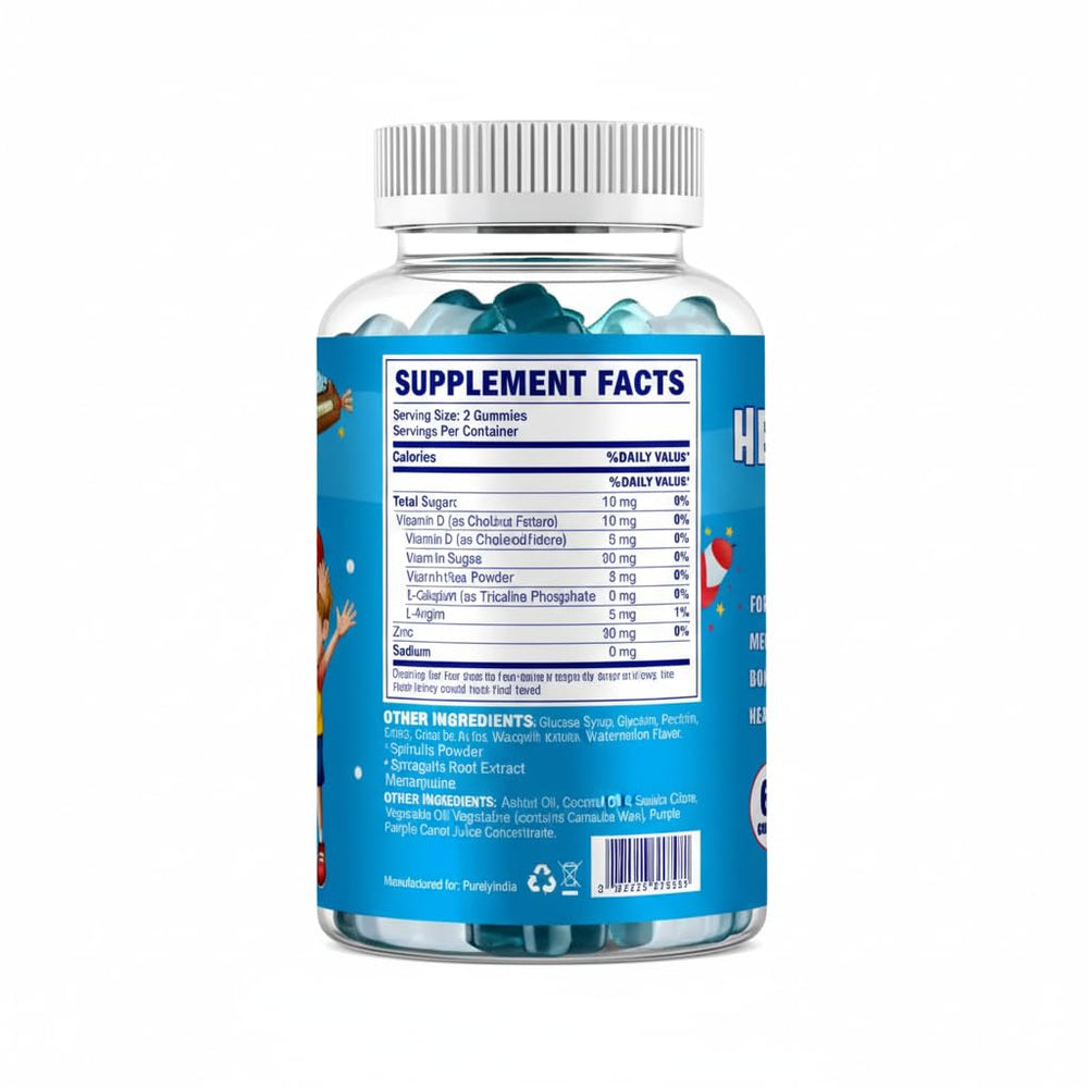 Purelyindia Kids Multivitamin Gummies daily-dose packaging emphasizes low sugar, tasty habit formation.