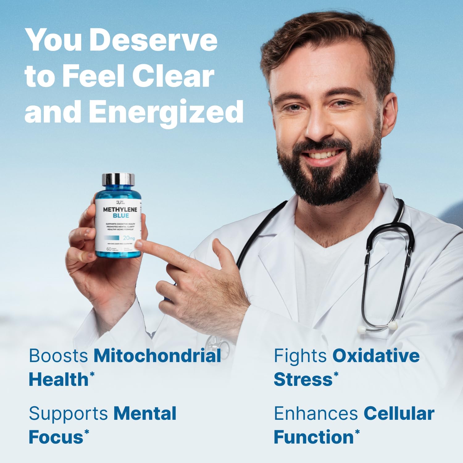 PureNutra blue methylene capsules being poured for quick absorption and alertness
