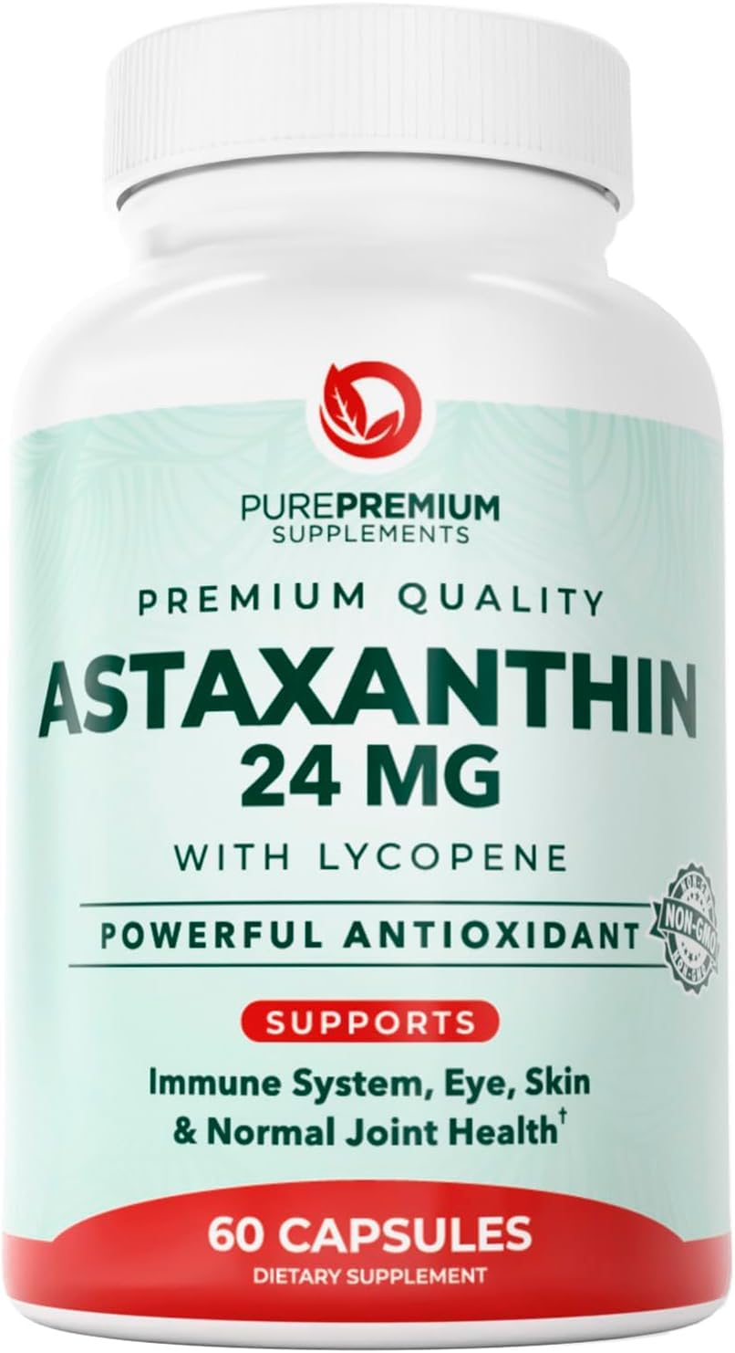 PurePremium Astaxanthin bottle front view for skin and eye health support.