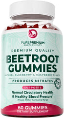 PurePremium Beet Root Gummies bottle on countertop; may support healthy circulation
