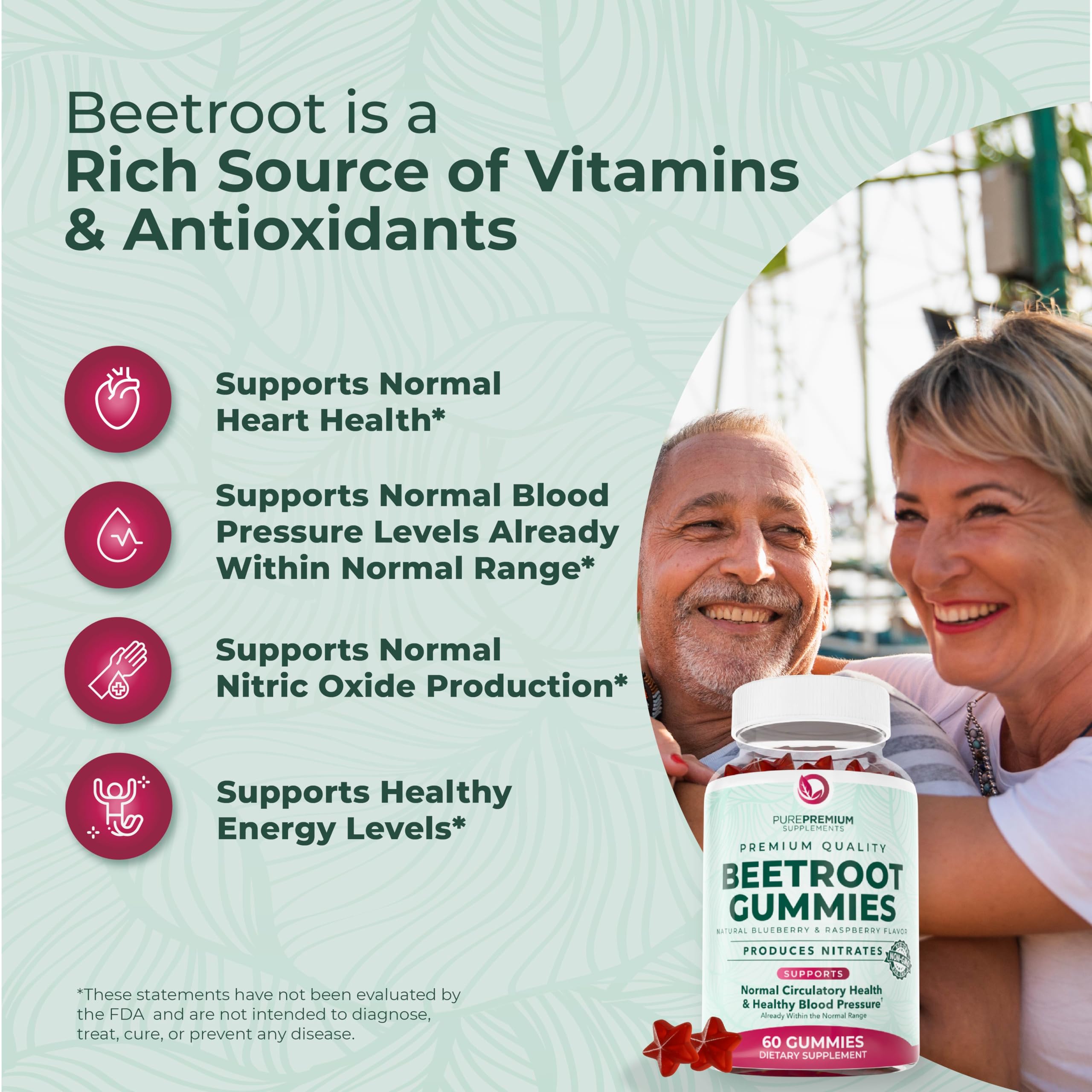 PurePremium Beet Root Gummies raspberry blueberry flavor highlight, sugar-free formulation