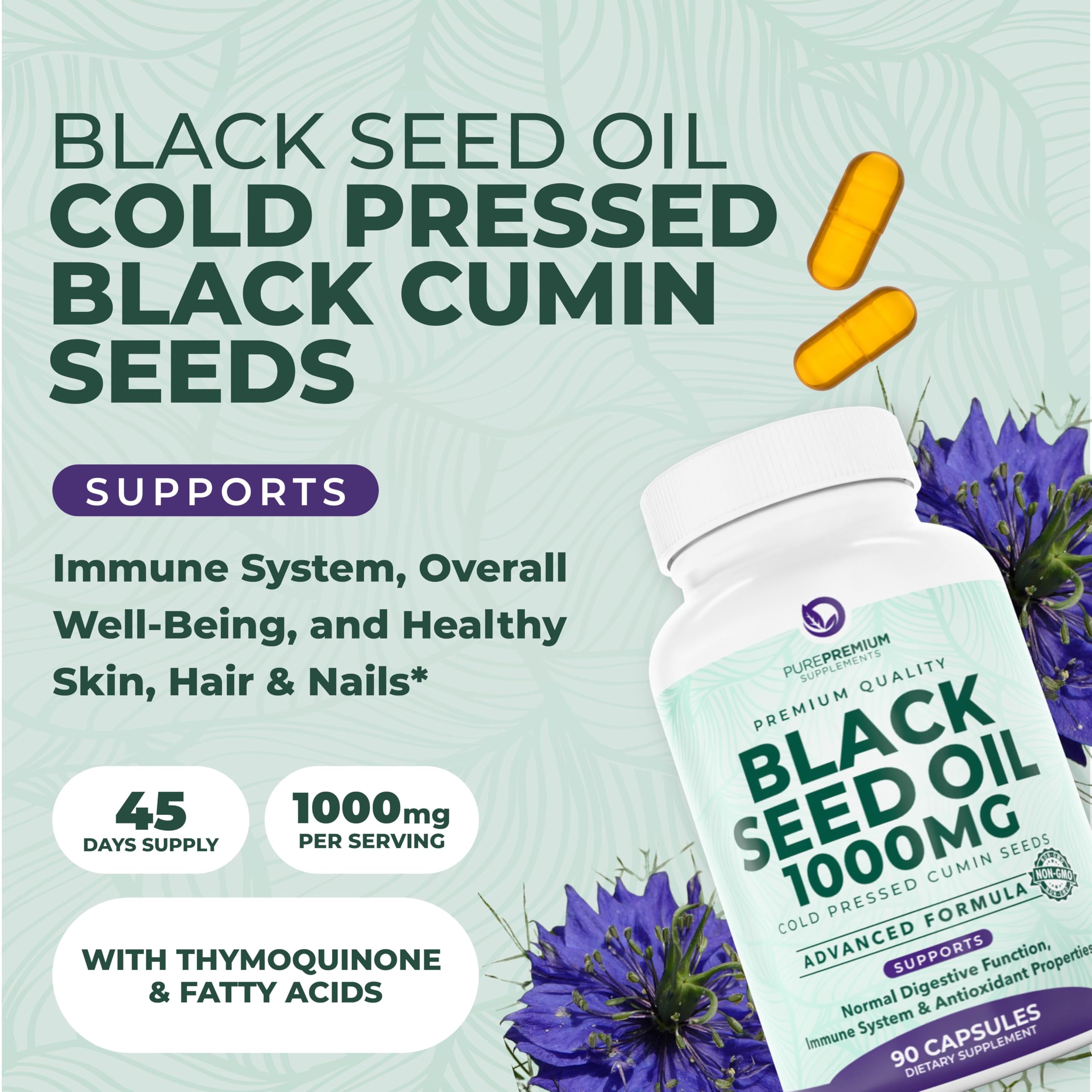 PurePremium Black Seed Oil capsules bottle back label highlights Non-GMO and vegetarian formula.