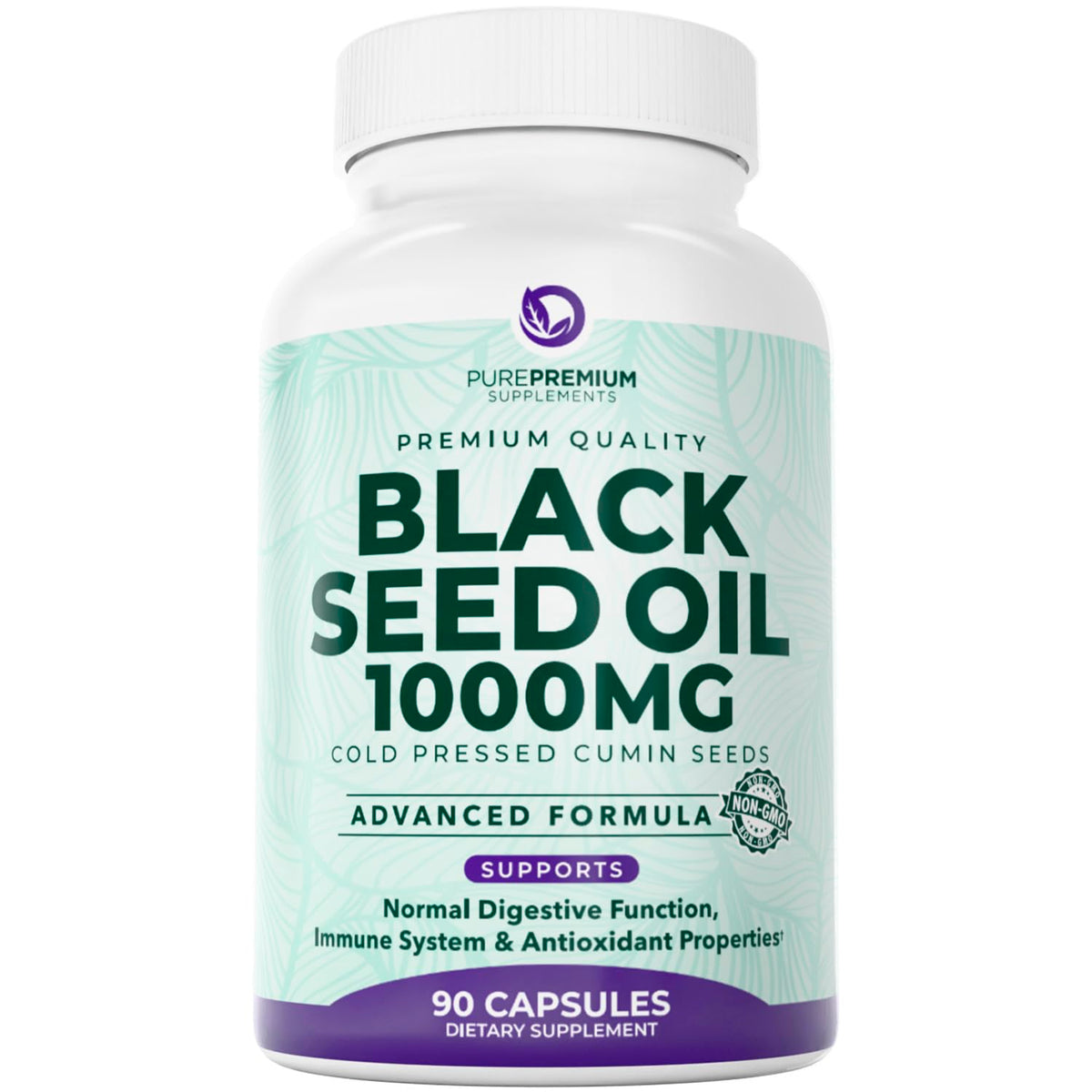 PurePremium Black Seed Oil capsules bottle front view for daily immune-support routine.