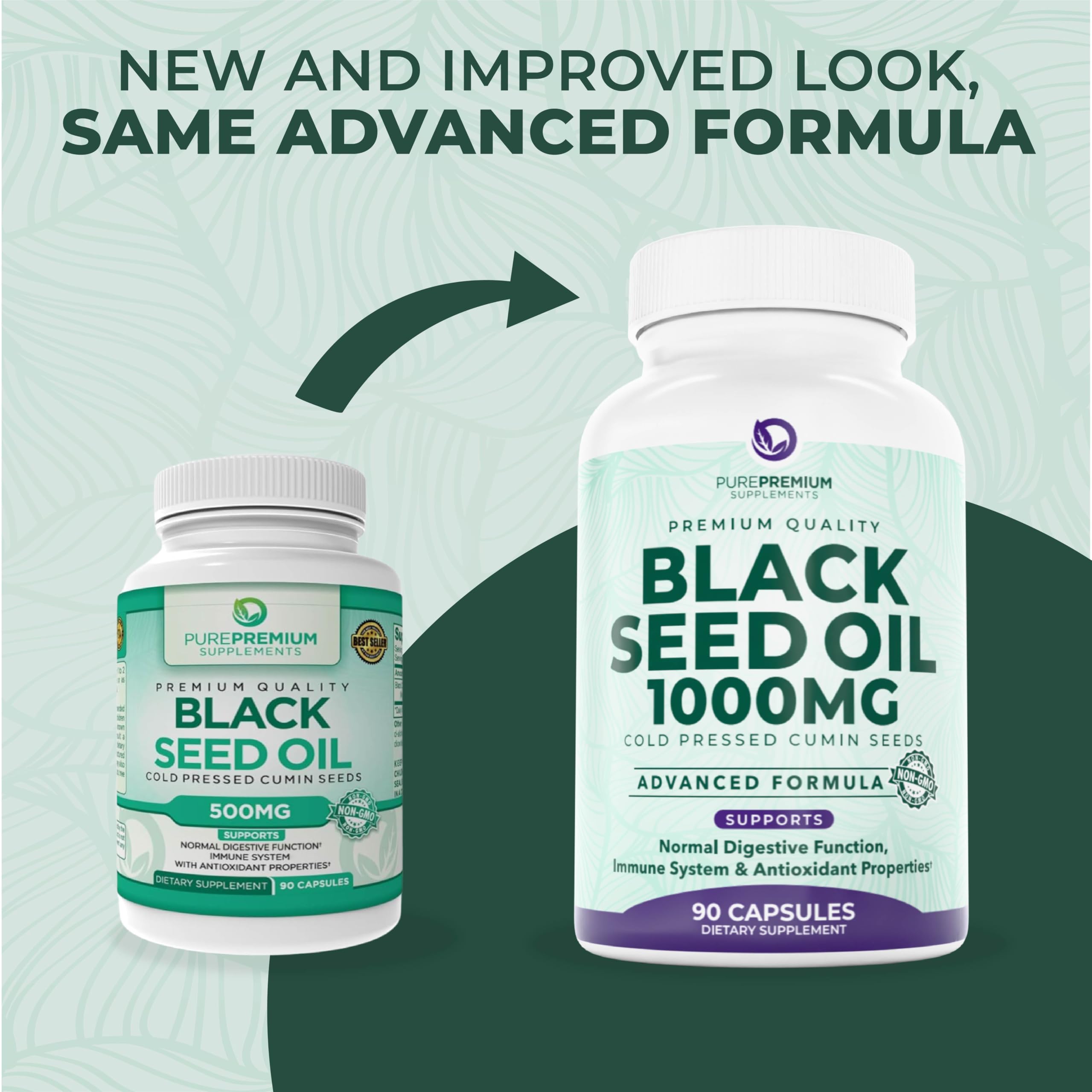 PurePremium Black Seed Oil capsules poured out onto a surface for a daily dose.