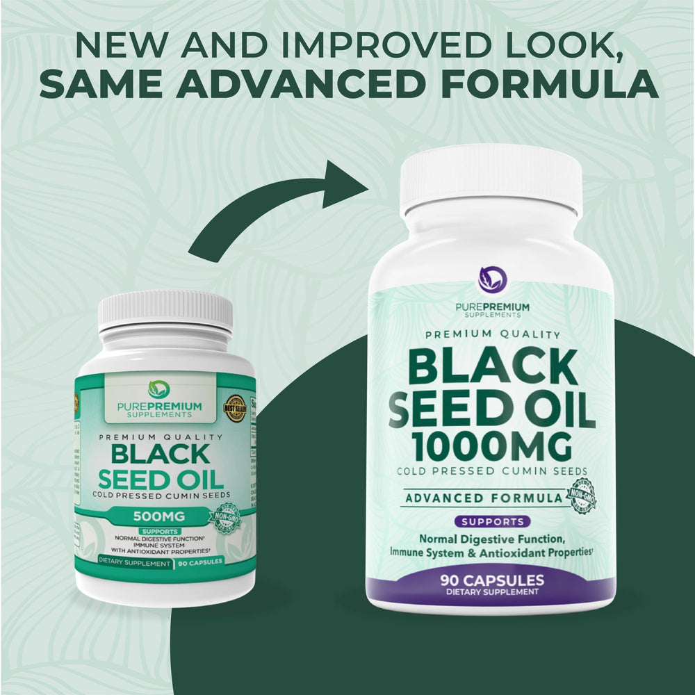 PurePremium Black Seed Oil capsules poured out onto a surface for a daily dose.