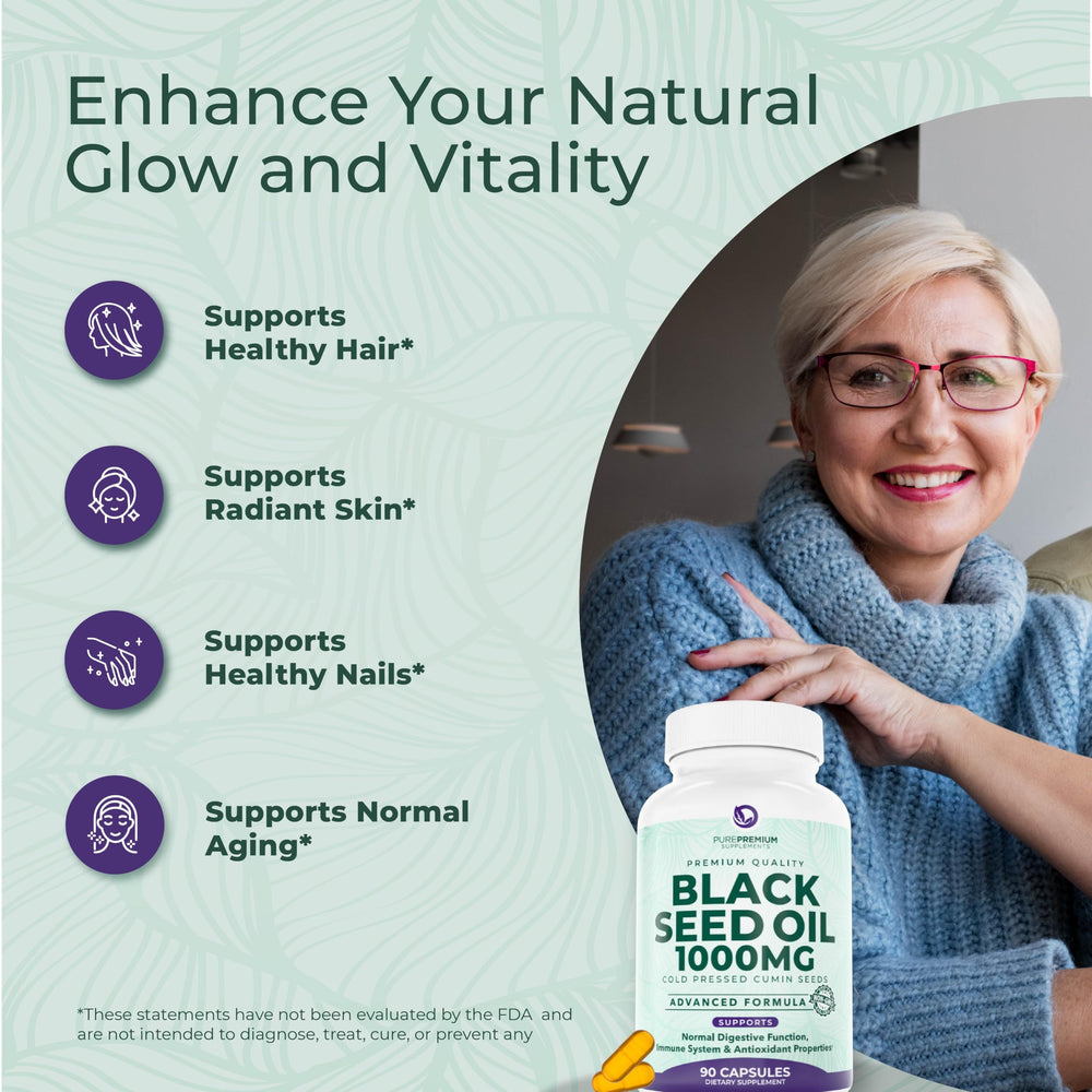 PurePremium Black Seed Oil packaging shows organic ingredients label.