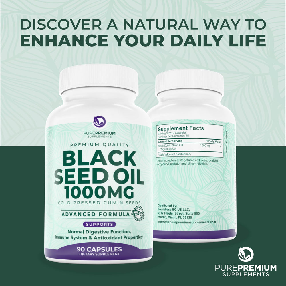 PurePremium Black Seed Oil USA-made label visible on bottle.