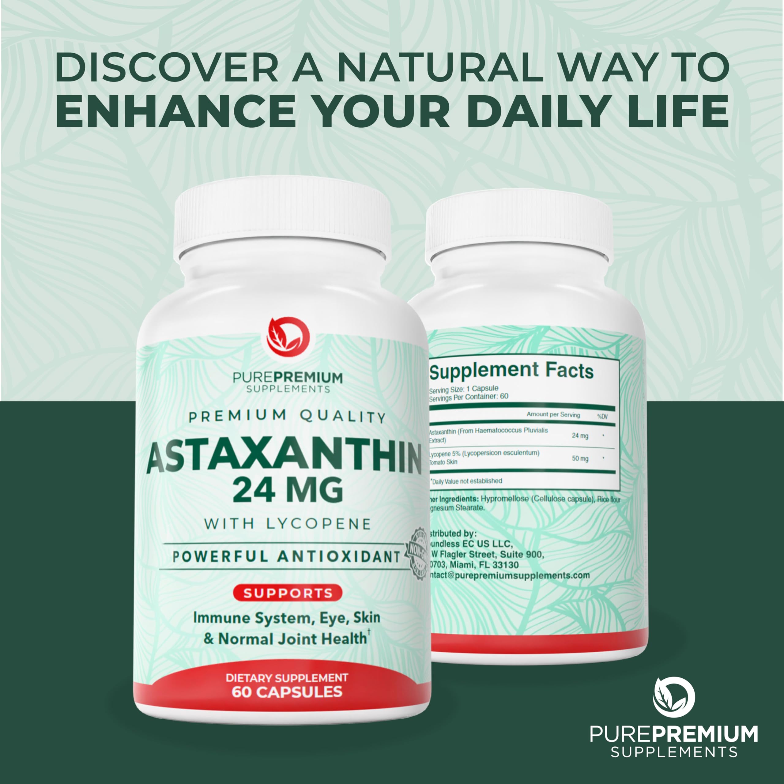 PurePremium Astaxanthin bottle bathed in light suggesting vitality.