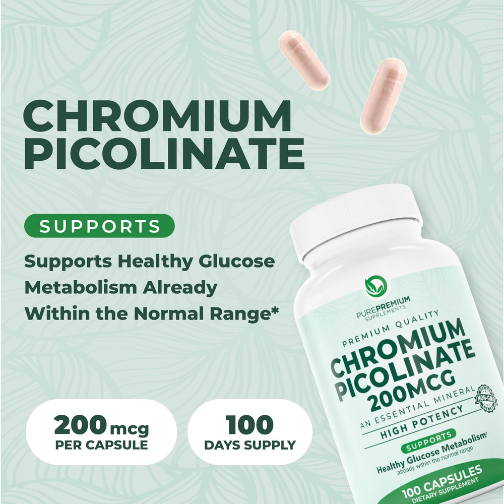 Close-up of the PurePremium Chromium Picolinate label highlighting gluten-free quality.