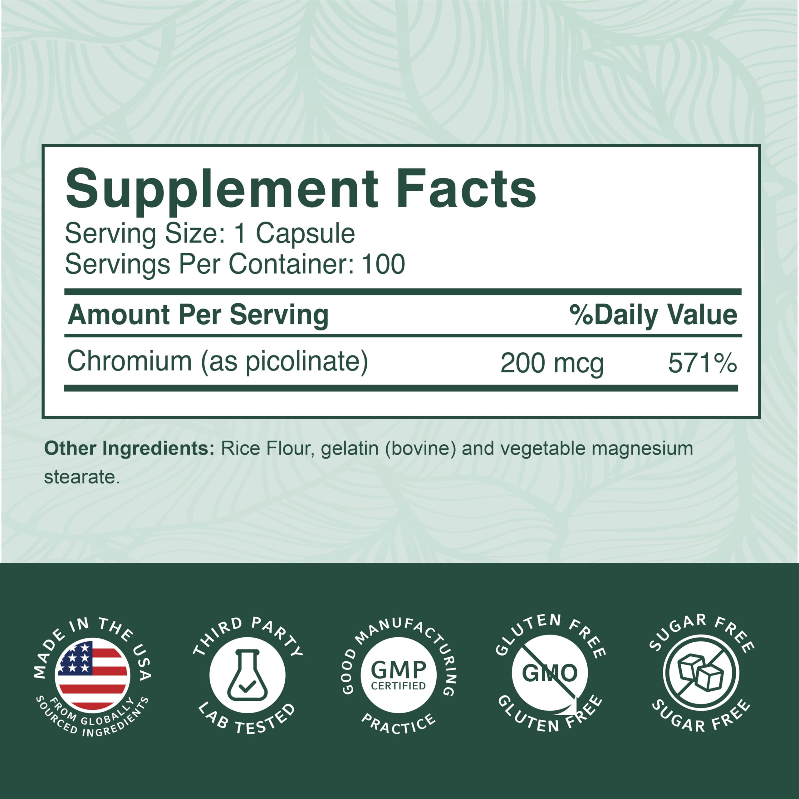 USA-made PurePremium Chromium Picolinate formulation badge on packaging.