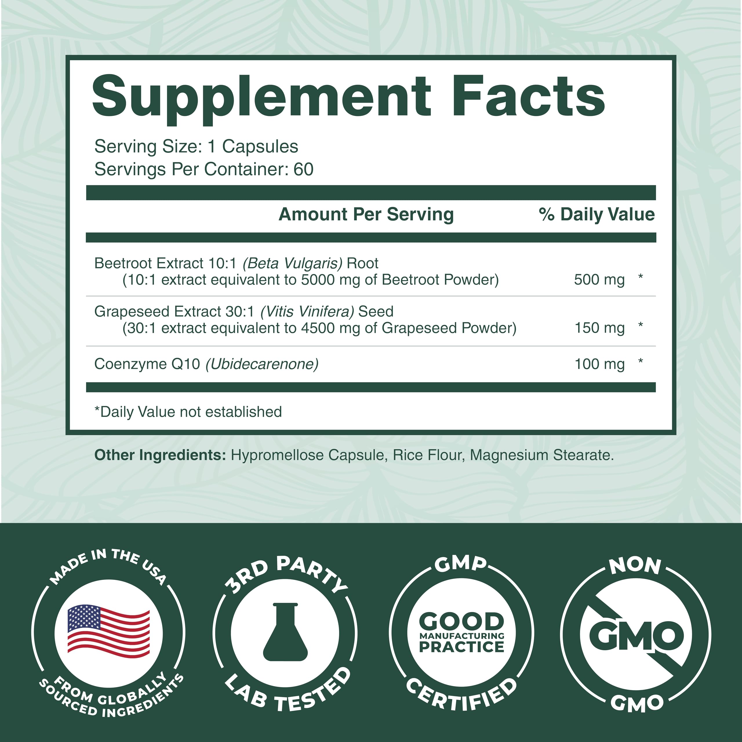 Ingredients panel reveals beetroot, CoQ10, and grape seed components for vascular care