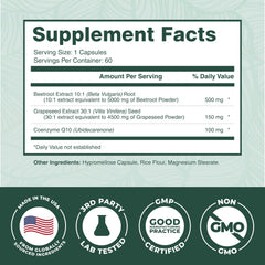 Ingredients panel reveals beetroot, CoQ10, and grape seed components for vascular care