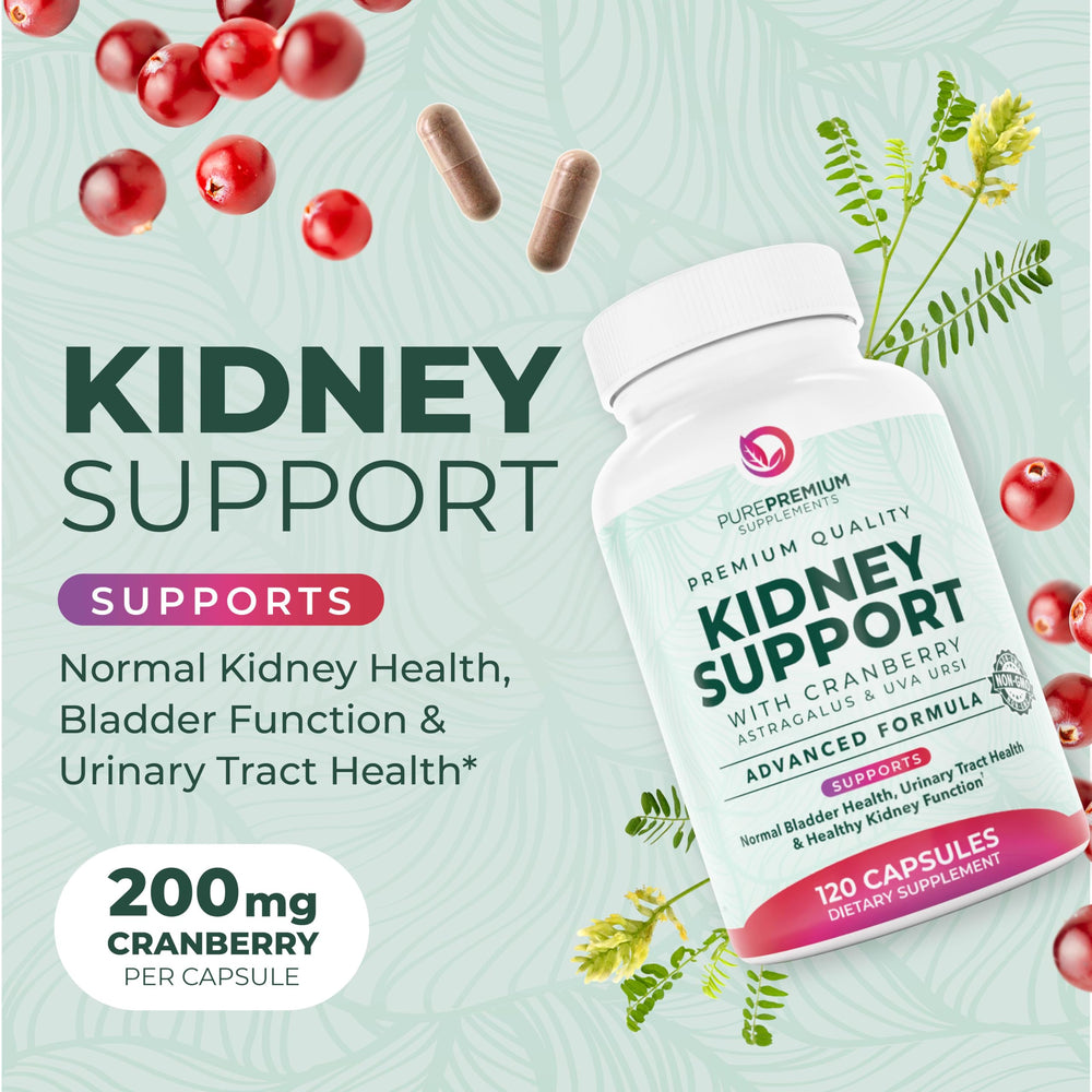 PurePremium kidney capsules close-up highlights cranberry-based formula for urinary tract health.