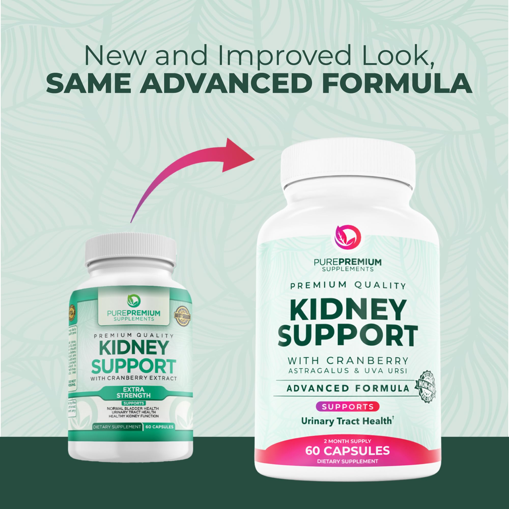 PurePremium Kidney Support ingredients panel emphasizing cranberry and botanicals.