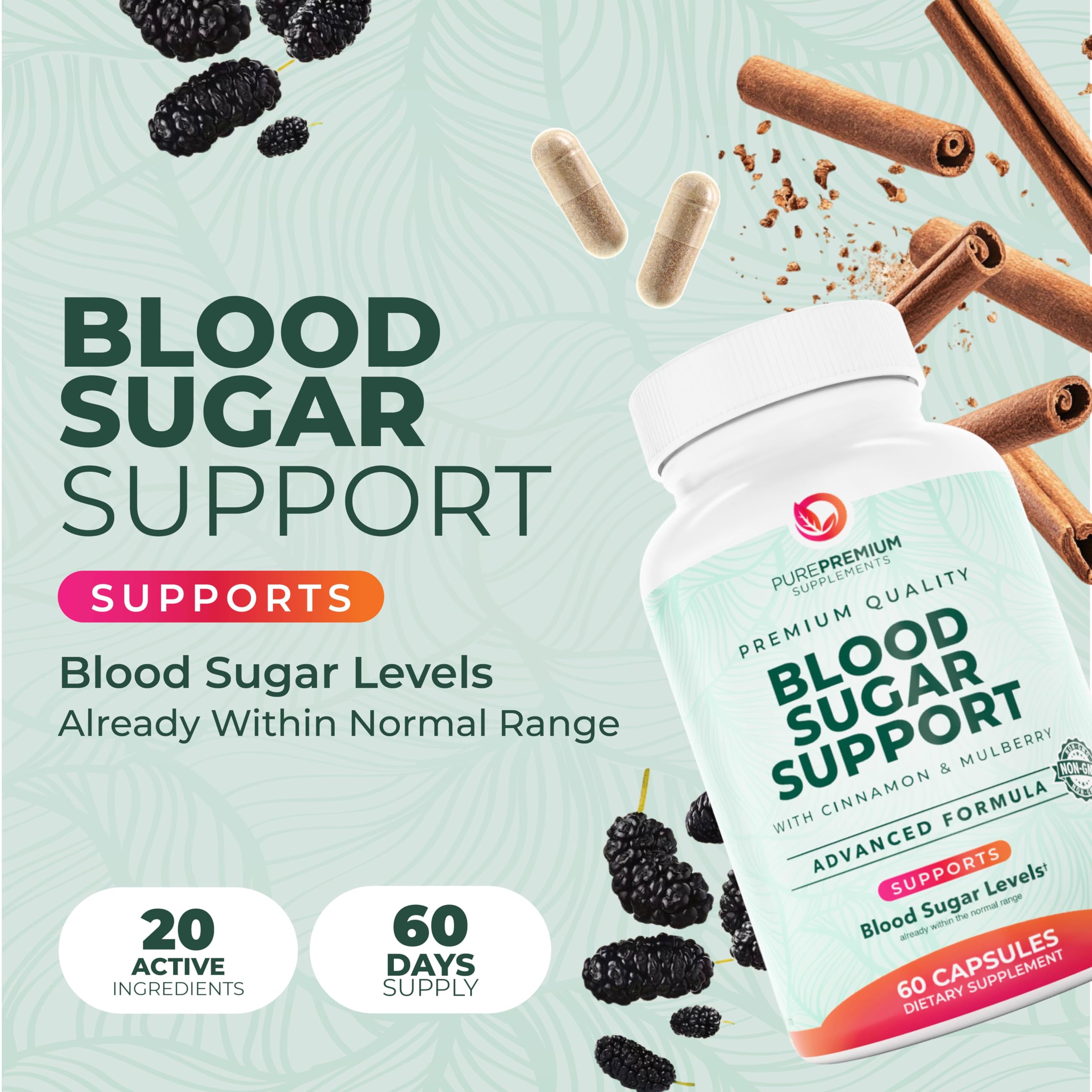 PurePremium capsules closeup highlighting 20-ingredient formula for steady glucose support.