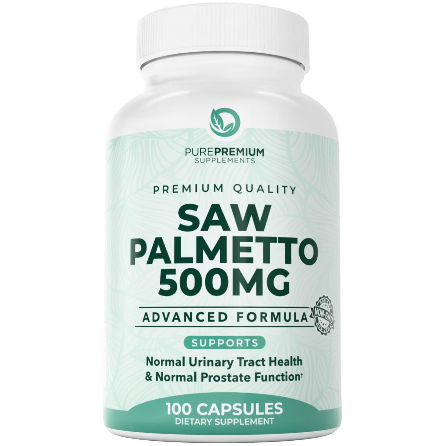 PurePremium Saw Palmetto bottle with 500 mg capsules for daily urinary support.