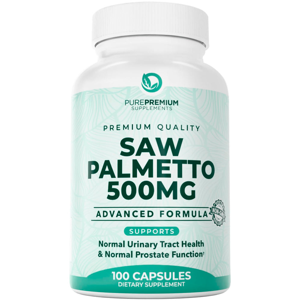 PurePremium Saw Palmetto bottle with 500 mg capsules for daily urinary support.
