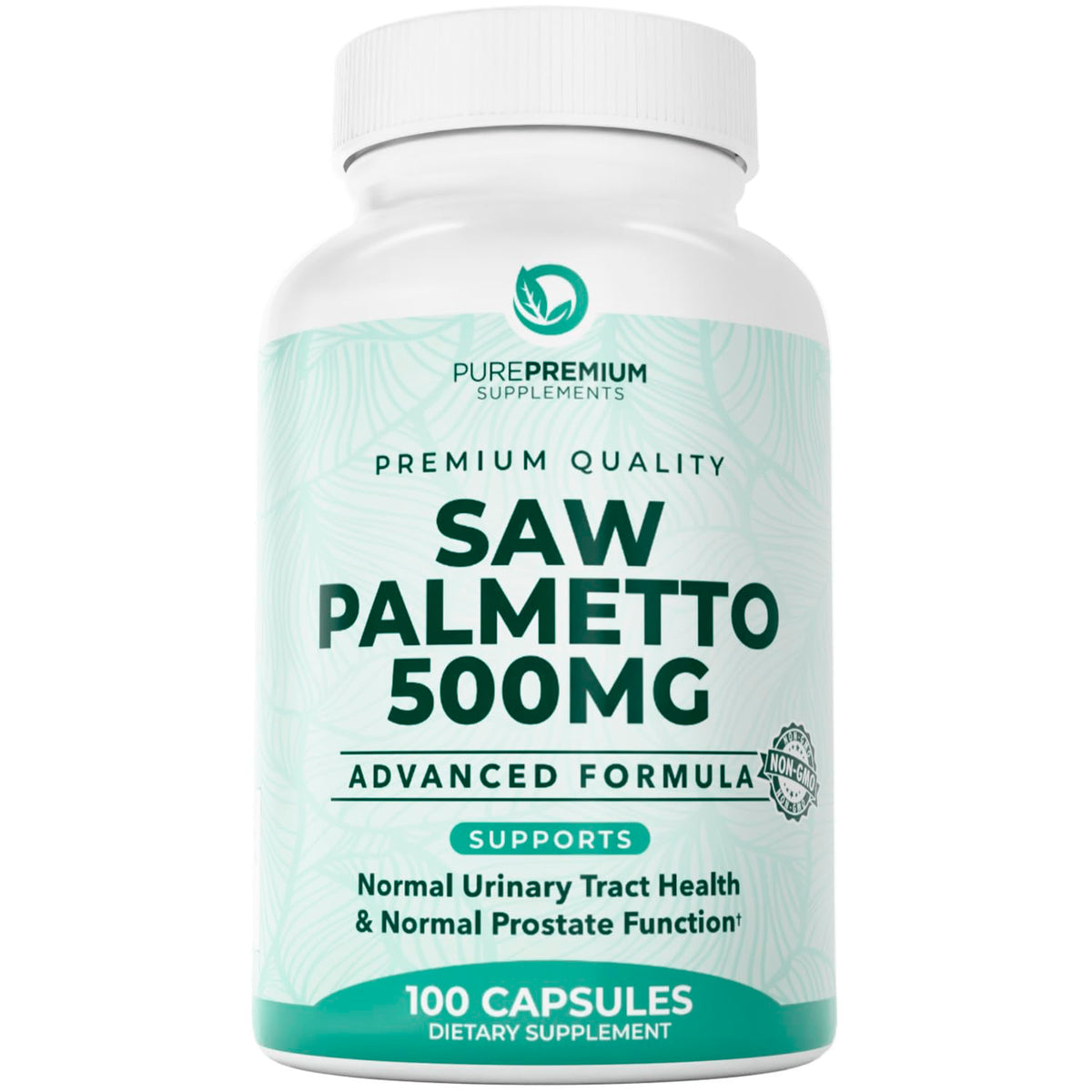 PurePremium Saw Palmetto bottle with 500 mg capsules for daily urinary support.