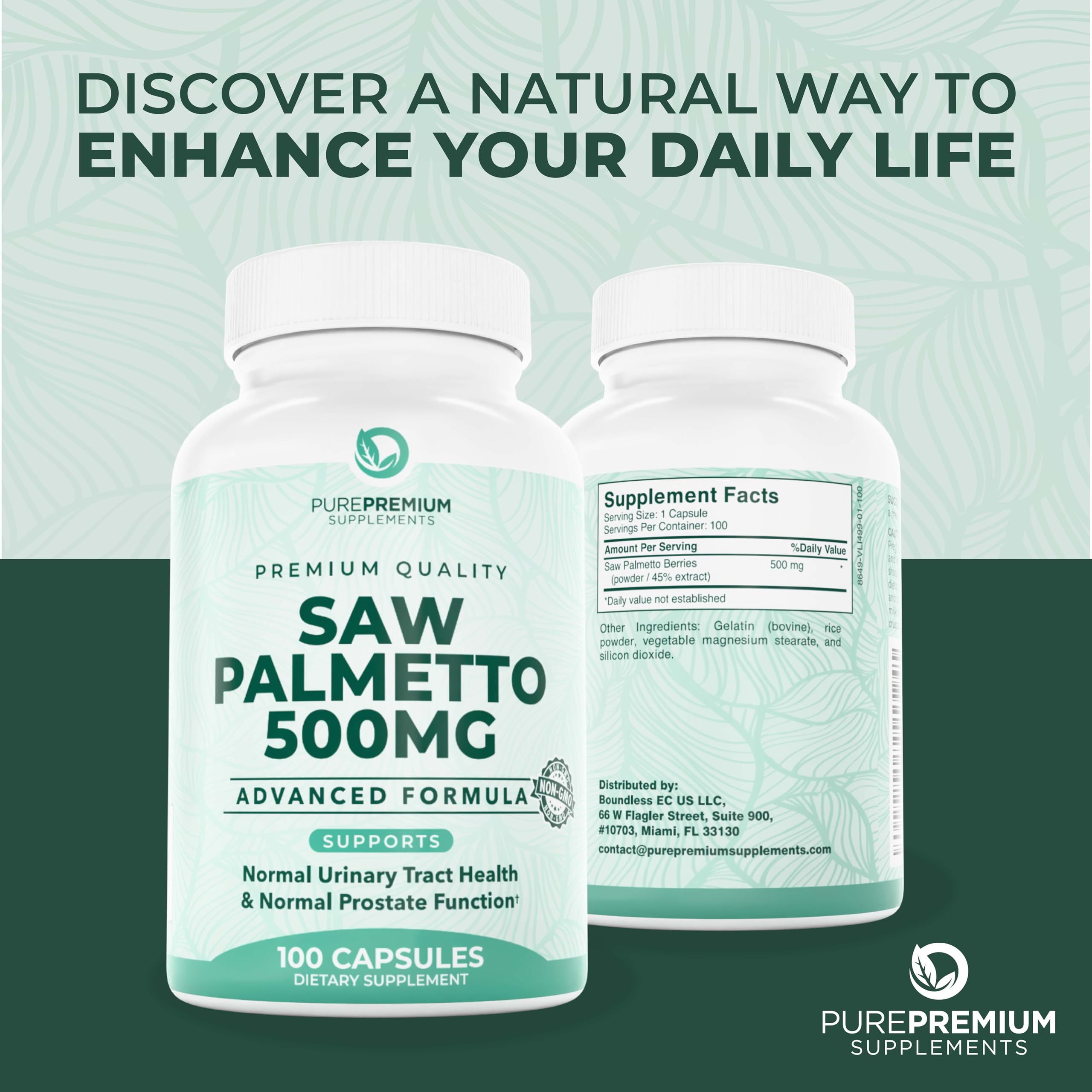 PurePremium Saw Palmetto packaging hints at potential prostate and hair support.