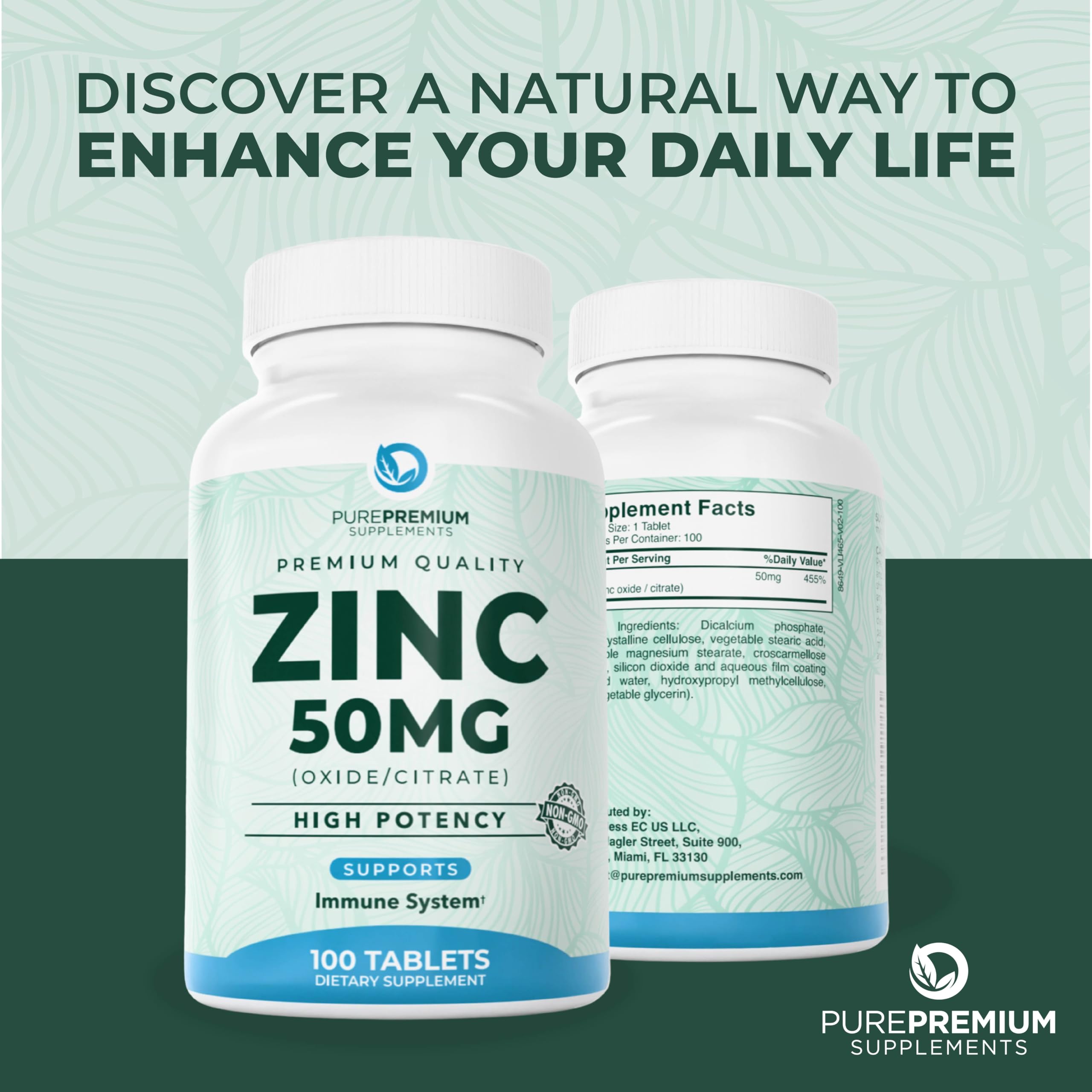 PurePremium Zinc 50mg easy-to-swallow tablets in bottle for convenience