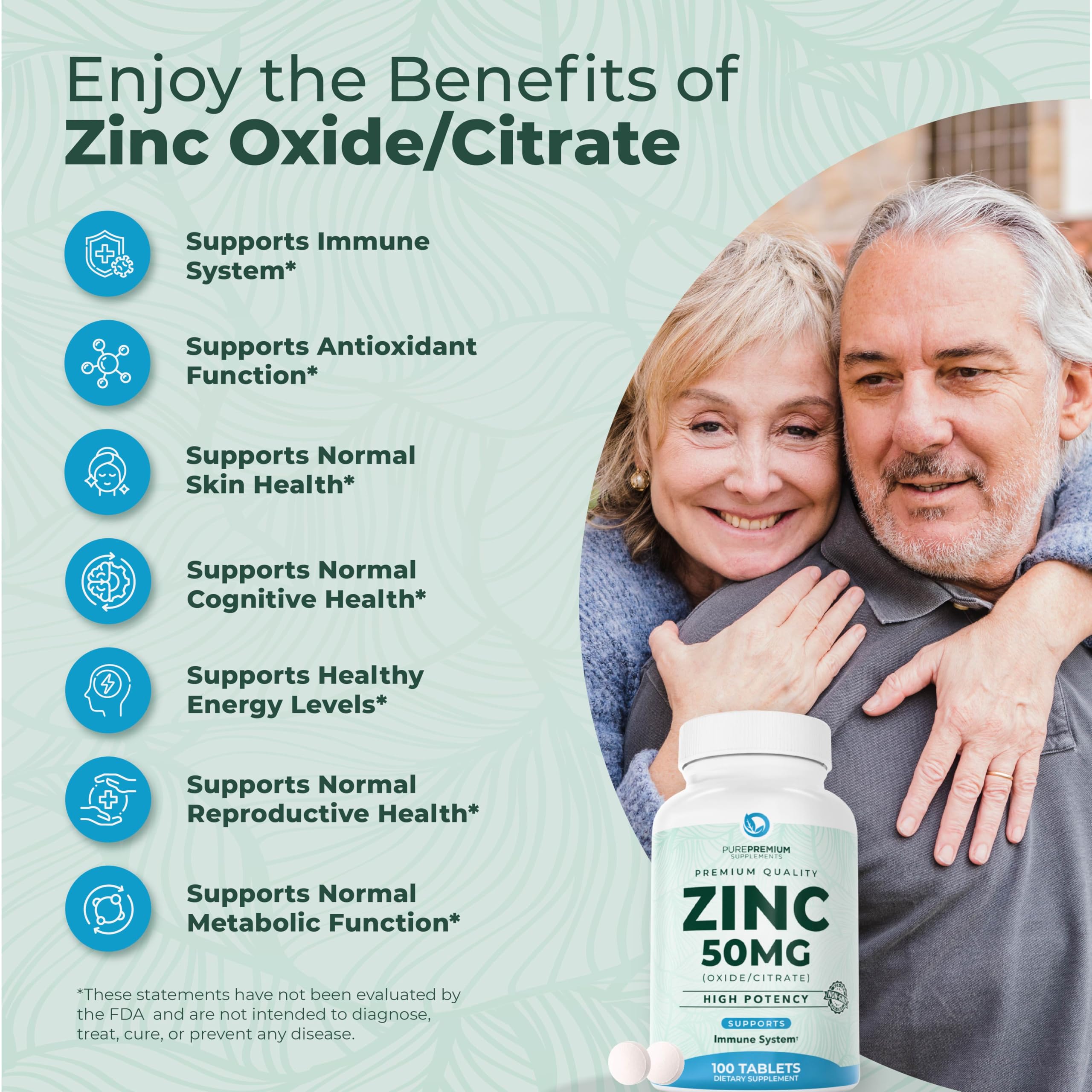 PurePremium Zinc 50mg tablets close-up showing easy-to-swallow coating