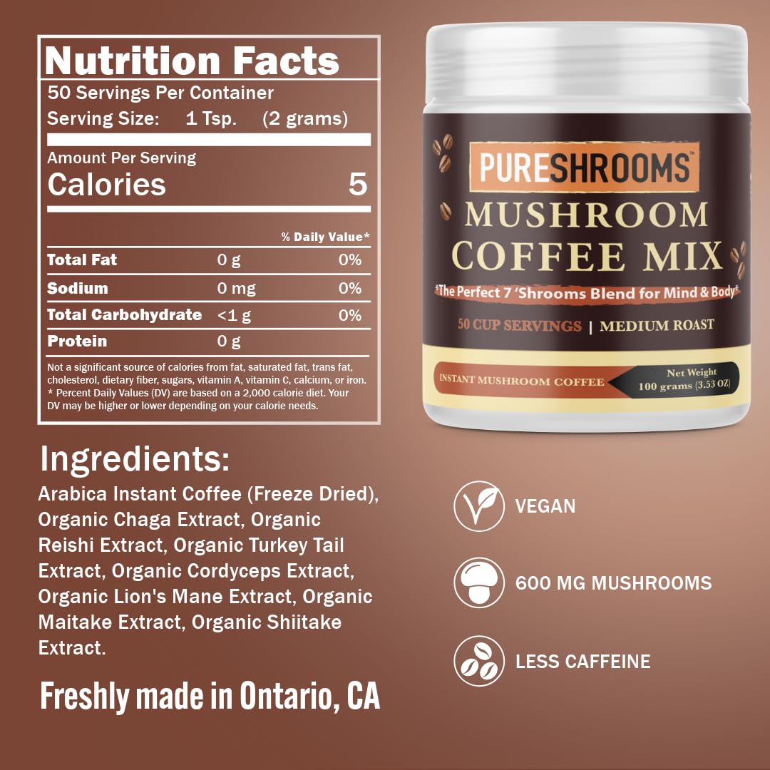 PureShrooms instant coffee dissolving in hot water for quick brew