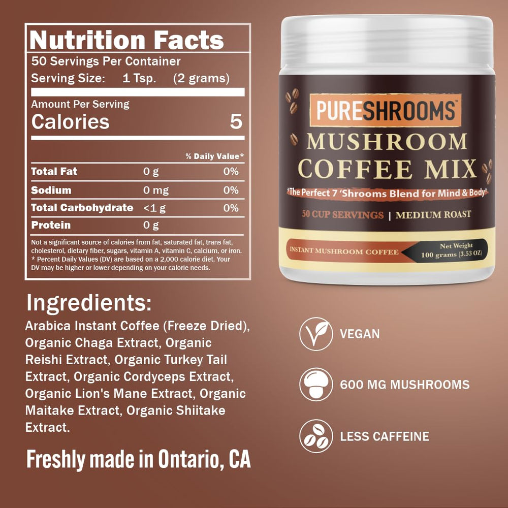 PureShrooms instant coffee dissolving in hot water for quick brew